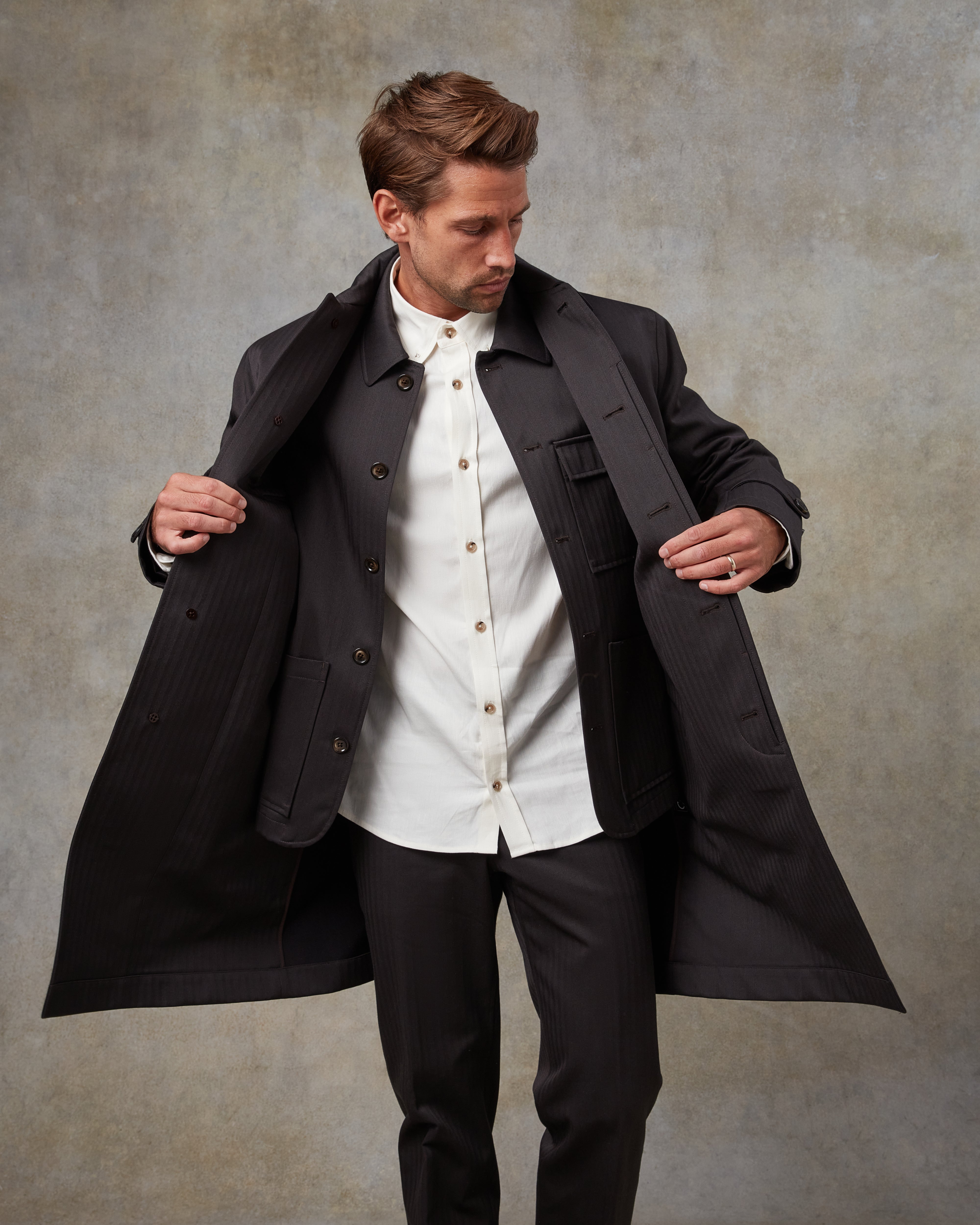 Batch LDN Men's Dark Chocolate Brown Herringbone Overcoat