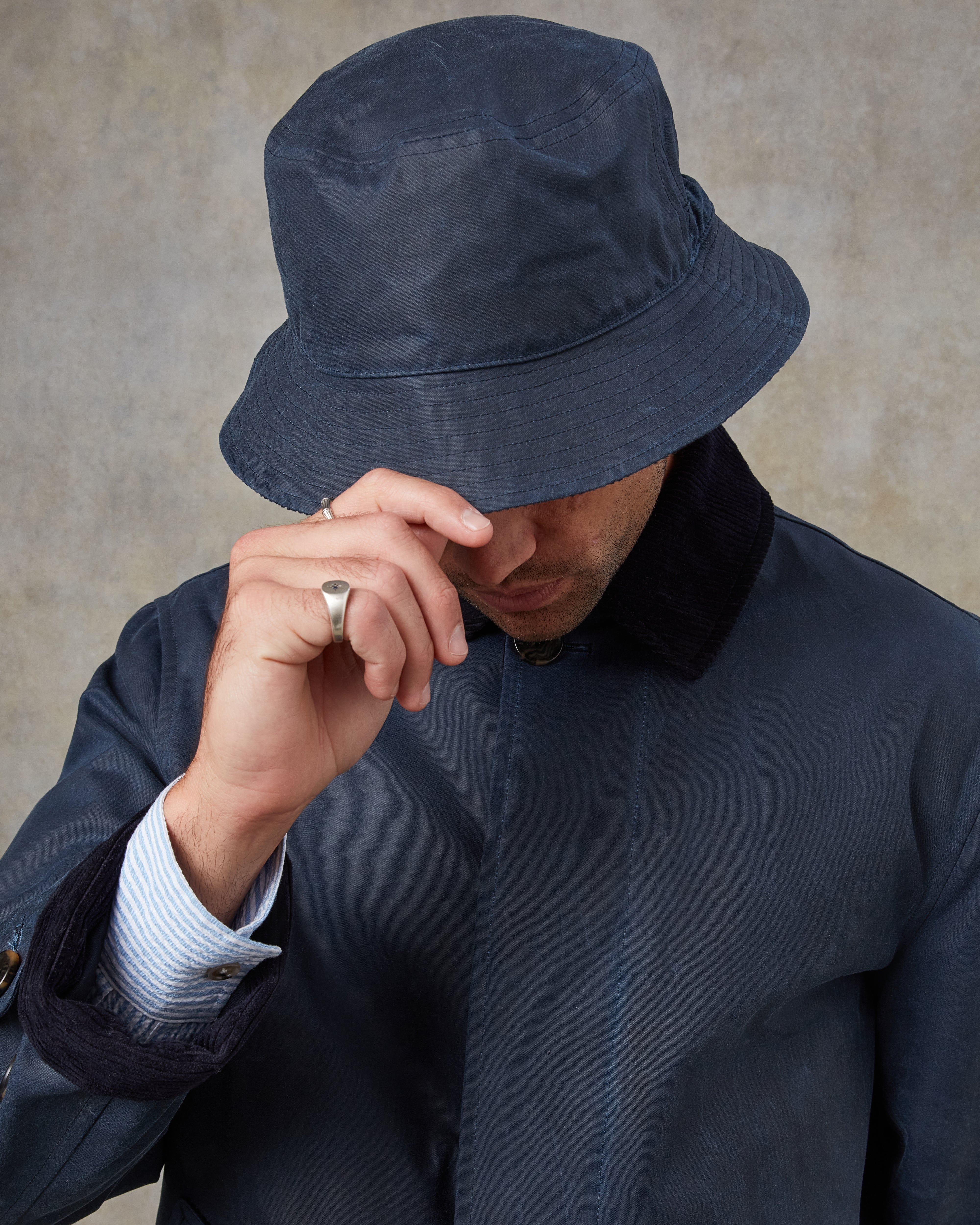 Batch LDN Men's Rich Navy Herringbone Overcoat and Bucket Hat