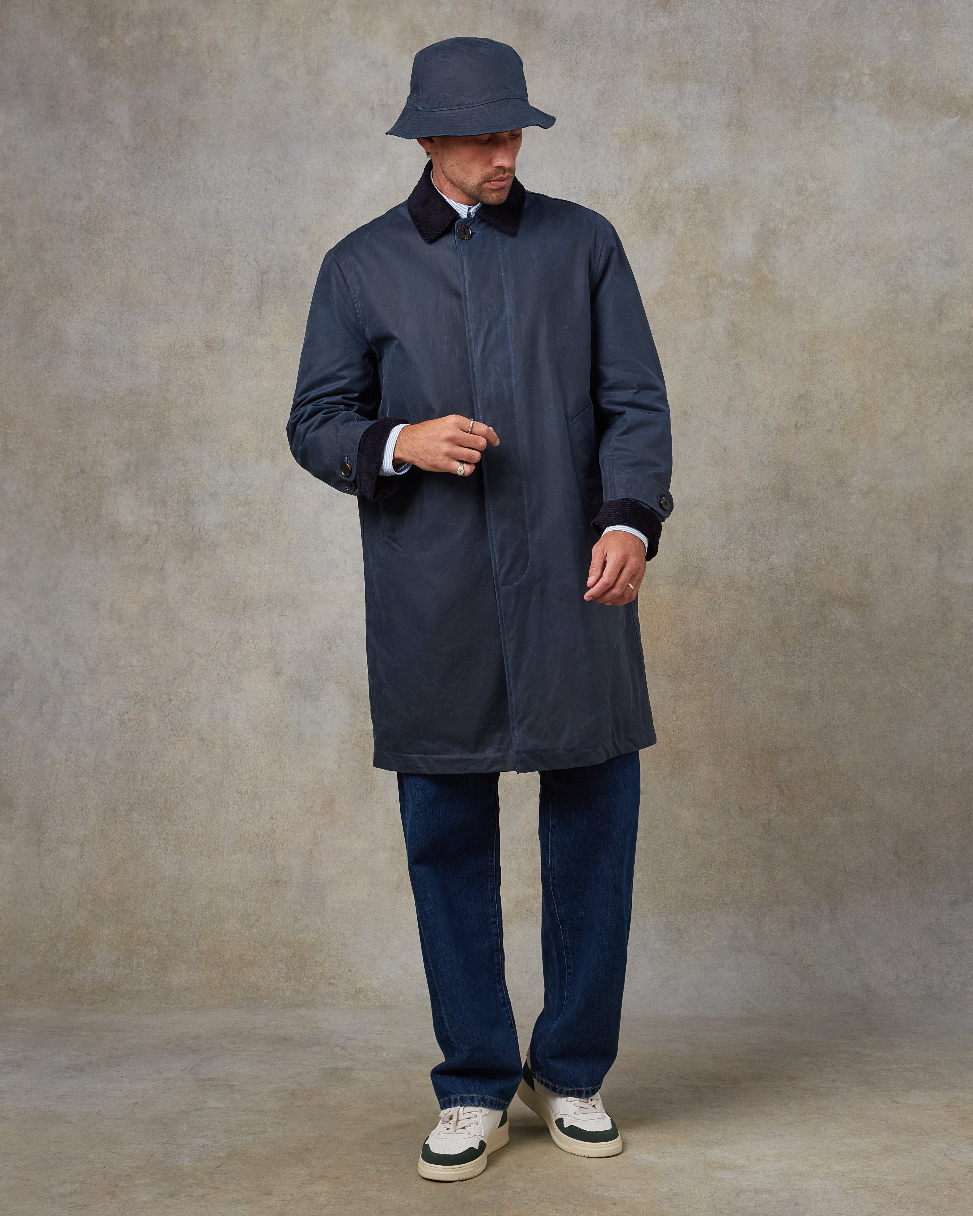 Batch LDN Men's Rich Navy Herringbone Overcoat and Bucket Hat