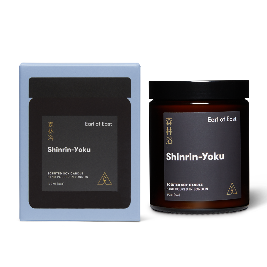 Shinrin-Yoku scented soy candle by Earl of East with packaging on a white background