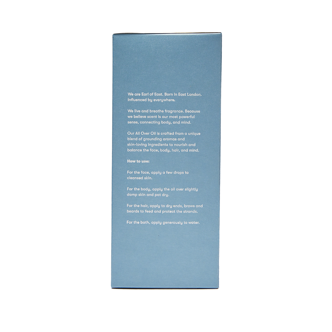 Blue rectangular product packaging with text on a white background