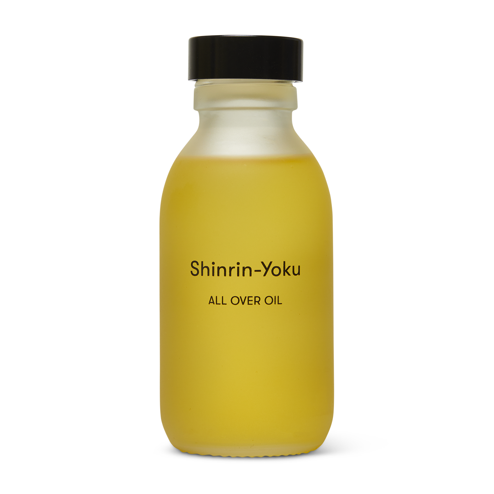 Yellow bottle of Shinrin-Yoku All Over Oil with a black cap on a white background