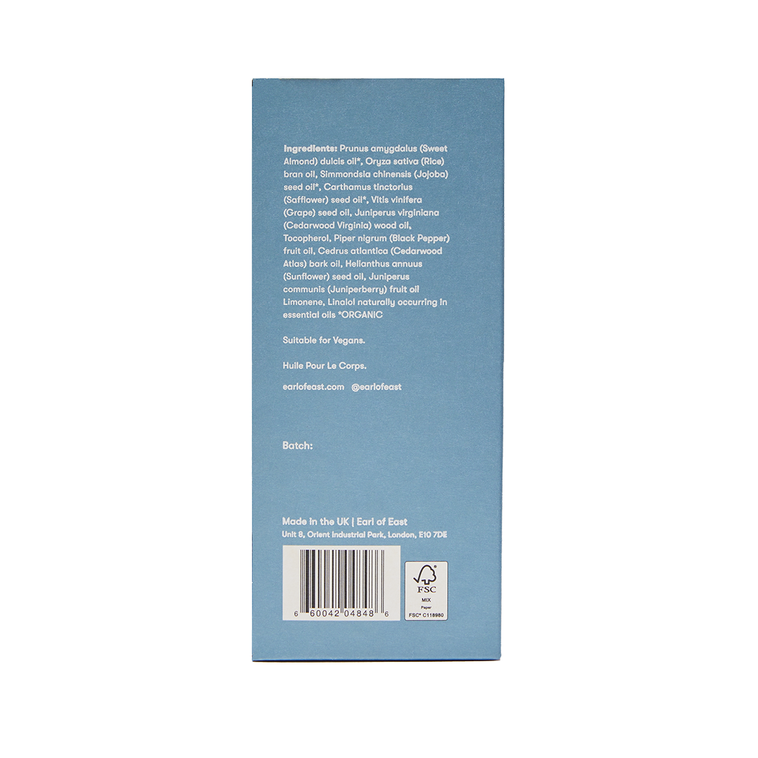 Back of a product packaging with text and barcode on a blue background