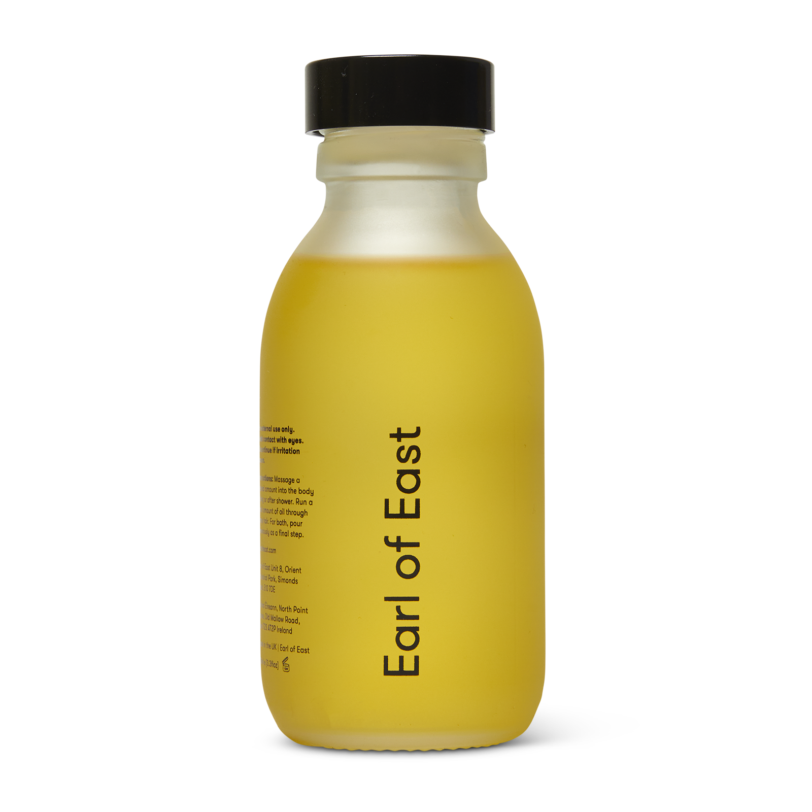 Yellow bottle with black cap and 'Earl of East' branding on a white background