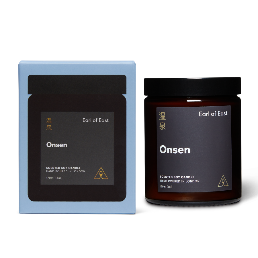 Earl of East Onsen scented soy candle packaging on a white background