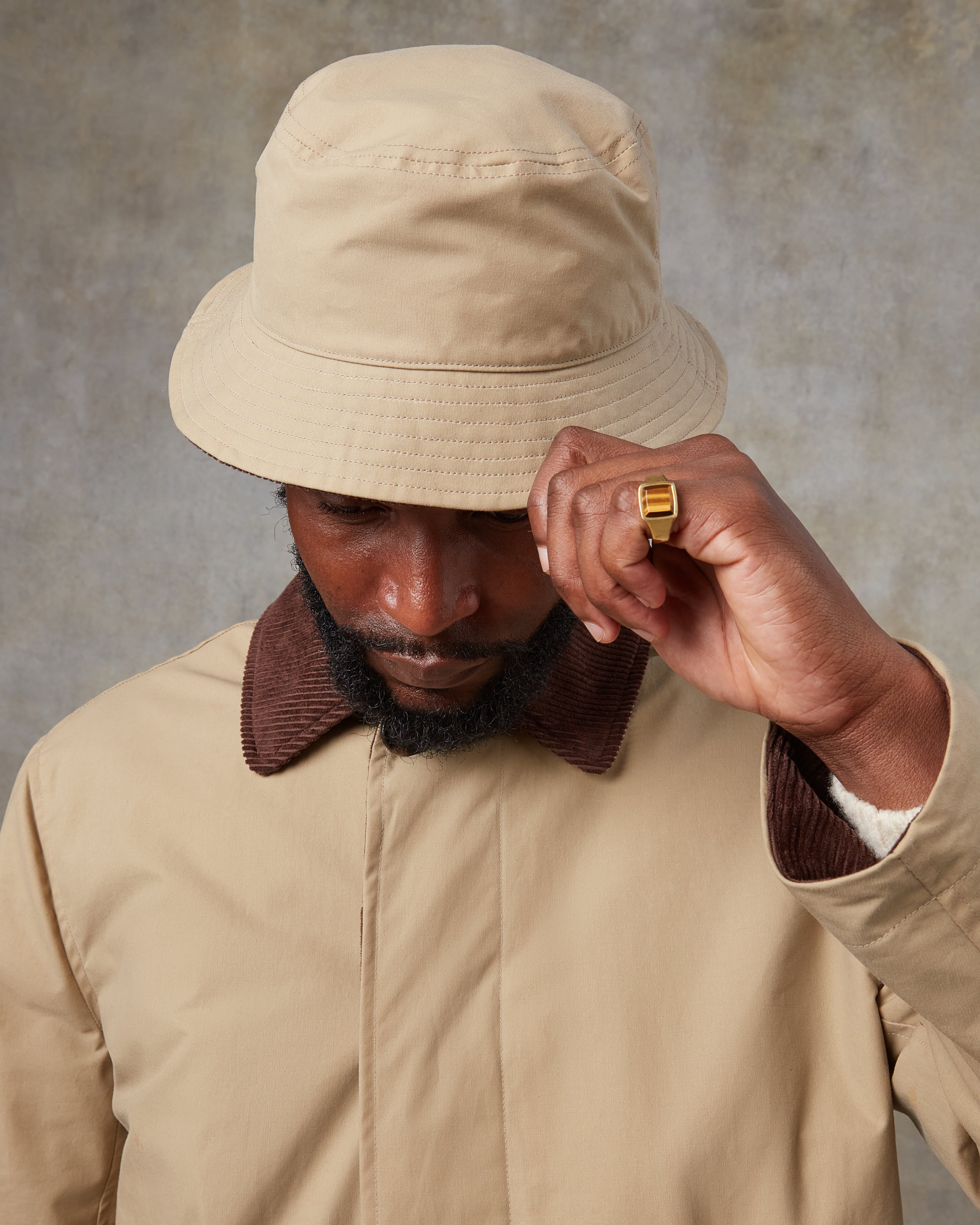 Batch LDN Men's Beige Waxed Canvas Overcoat and Bucket Hat