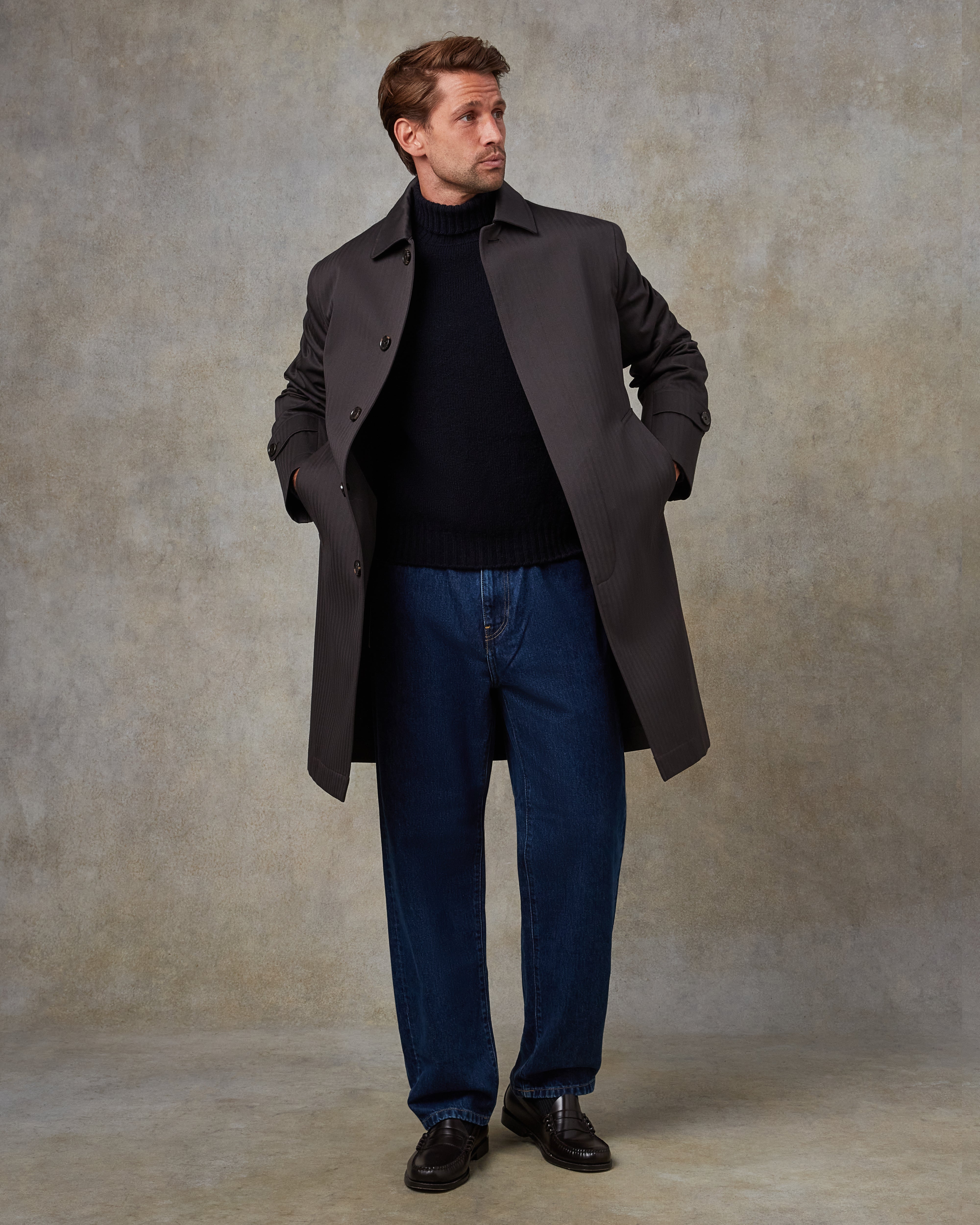 Batch LDN Men's Dark Chocolate Brown Herringbone Overcoat