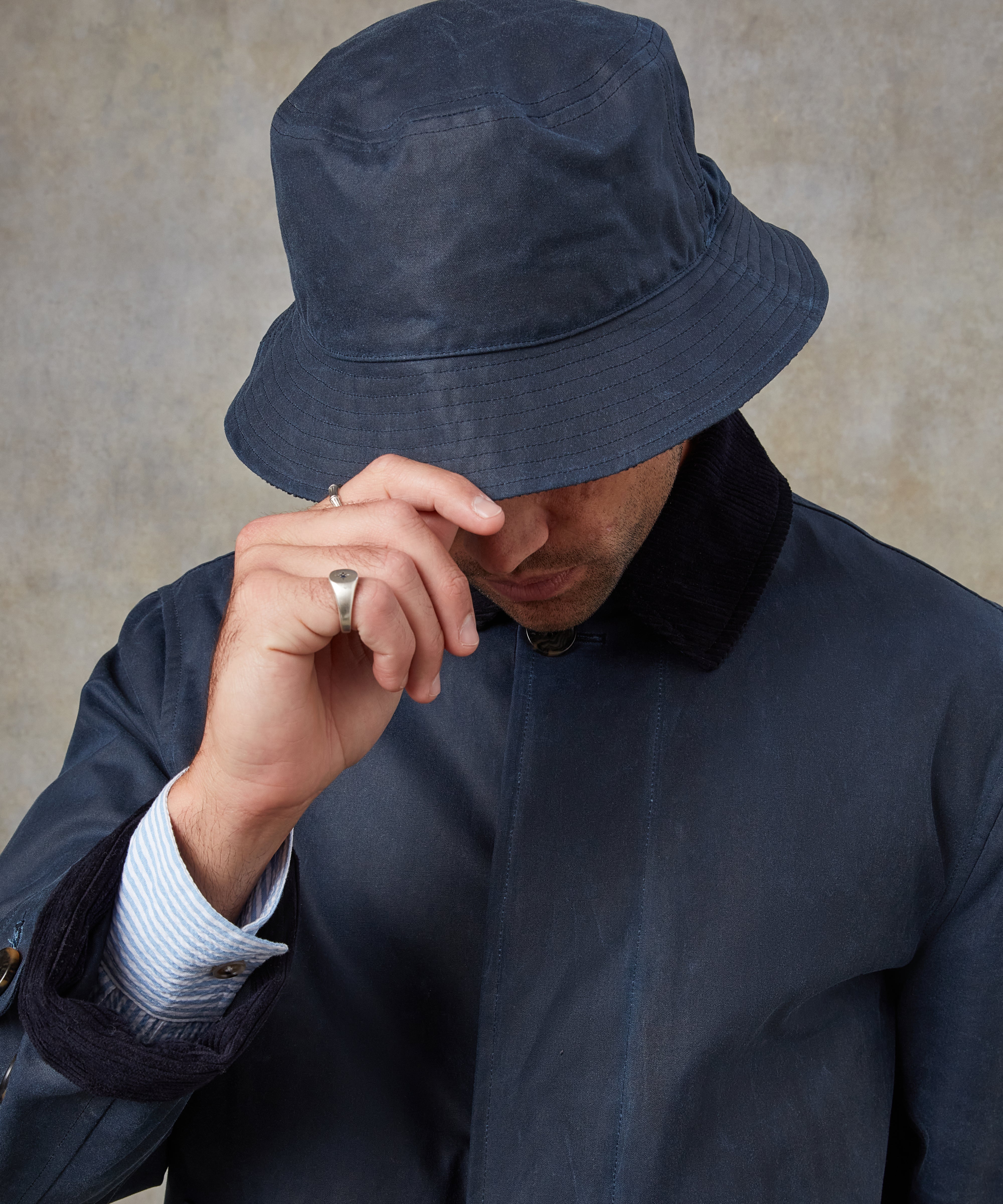 Batch LDN Men's Navy Waxed Canvas Overcoat and Bucket Hat